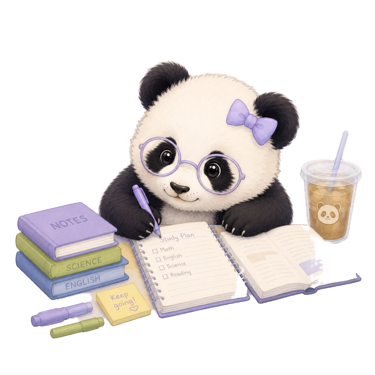 A friendly panda studying at a desk with books and notes